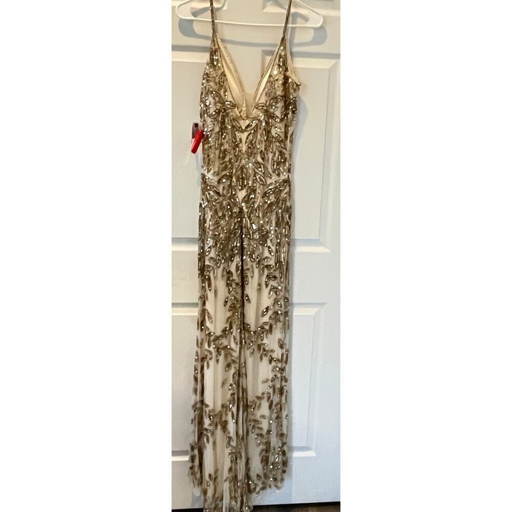 New! Mac Duggal Golden Godess Crystal Lace Trumpet Evening Gown Sz 14 NWT $698 - Picture 4 of 8